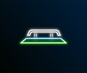 Canvas Print - Glowing neon line Skateboard stairs with rail icon isolated on black background. Colorful outline concept. Vector