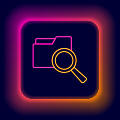 Poster - glowing neon line search concept with folder icon isolated on black background. magnifying glass and