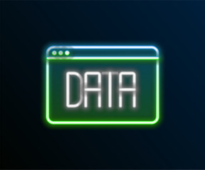 Poster - Glowing neon line Data analysis icon isolated on black background. Business data analysis process, statistics. Charts and diagrams. Colorful outline concept. Vector