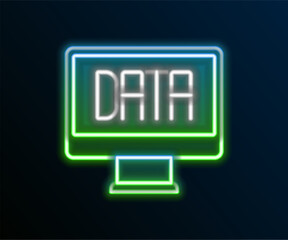 Poster - Glowing neon line Data analysis icon isolated on black background. Business data analysis process, statistics. Charts and diagrams. Colorful outline concept. Vector