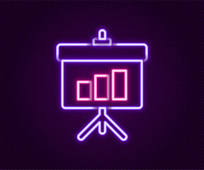 Poster - Glowing neon line Presentation board with graph, schedule, chart, diagram, infographic, pie graph icon isolated on black background. Colorful outline concept. Vector