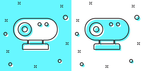 Poster - Black line Web camera icon isolated on green and white background. Chat camera. Webcam icon. Random dynamic shapes. Vector
