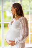 Fototapeta Sawanna - Serene Pregnant Woman Embracing Her Belly Indoors