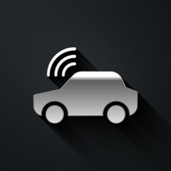 Canvas Print - Silver Smart car system with wireless connection icon isolated on black background. Remote car control. Long shadow style. Vector