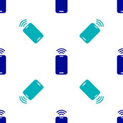 Poster - Blue Smartphone with free wi-fi wireless connection icon isolated seamless pattern on white background. Wireless technology, wi-fi connection, wireless network. Vector