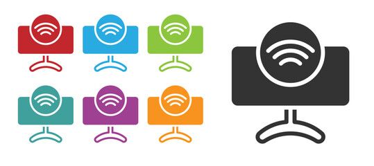 Poster - Black Smart Tv system icon isolated on white background. Television sign. Internet of things concept with wireless connection. Set icons colorful. Vector