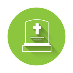 Sticker - White Grave with tombstone icon isolated with long shadow background. Green circle button. Vector