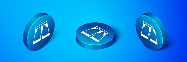 Wall Mural - Isometric Short or pants icon isolated on blue background. Blue circle button. Vector