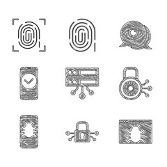 Poster - Set Server, Data, Web Hosting, Cyber security, System bug, on mobile, Smartphone, Eye scan and Fingerprint icon. Vector