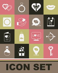 Canvas Print - Set Key in heart shape, Bow and arrow, Calendar with February 14, Candy shaped box, Heart hand, Condom package, Two Linked Hearts and speech bubble icon. Vector