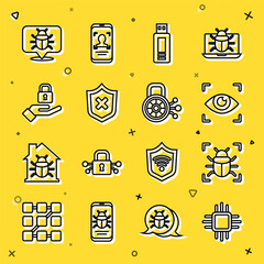 Poster - Set line Processor with microcircuits CPU, System bug, Eye scan, USB flash drive, Shield cross mark, Lock in hand, and Cyber security icon. Vector
