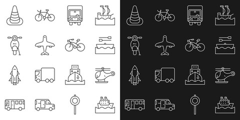 Sticker - Set line Cruise ship, Helicopter, Boat with oars, Delivery cargo truck, Plane, Scooter, Traffic cone and Bicycle icon. Vector