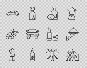 Poster - Set line Mannequin, Coliseum Rome, Limoncello bottle, Bottle of olive oil, Sport racing car, Car, Vitruvian and Covered with tray food icon. Vector