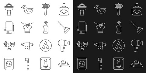 Canvas Print - Set line Electric iron, Hair dryer, Rubber plunger, Shaving razor, Drying clothes, boiler, Washbasin with water tap and Bottle of liquid soap icon. Vector