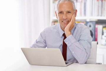 Aufkleber - Laptop, portrait and happy senior businessman in office planning or checking email, review or social media feedback. Face, smile or old male executive with pc for online, research or communication