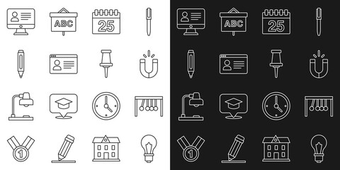 Poster - Set line Light bulb with idea, Pendulum, Magnet, Calendar, Online class, Marker pen, and Push pin icon. Vector