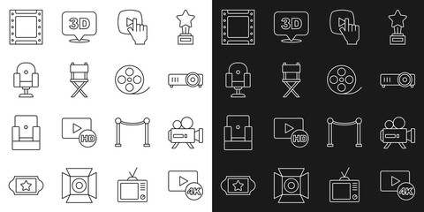 Wall Mural - Set line Screen tv with 4k, Retro cinema camera, Movie, film, media projector, Online play video, Director movie chair, Play and Film reel icon. Vector