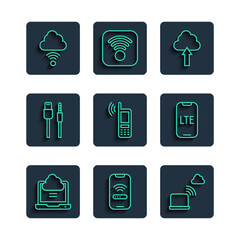 Poster - Set line Network cloud connection, Mobile with wi-fi wireless, Cloud upload, USB cable cord, and LTE network icon. Vector