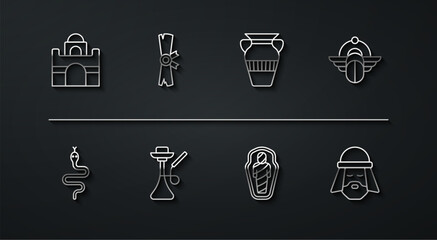 Sticker - Set line Egyptian house, Snake, Scarab, mummy in sarcophagus, Hookah, Papyrus scroll, man and vase icon. Vector