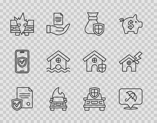 Wall Mural - Set line Contract with shield, Umbrella, Money bag, Burning car, Car accident, House flood, insurance and and lightning icon. Vector