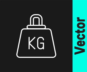 Sticker - White line Weight icon isolated on black background. Kilogram weight block for weight lifting and scale. Mass symbol. Vector