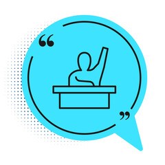 Poster - Black line Active male kid raising hand answering to teacher question icon isolated on white background. An elementary student raises his hand. Blue speech bubble symbol. Vector