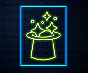 Sticker - Glowing neon line Magic hat icon isolated on brick wall background. Magic trick. Mystery entertainment concept. Vector