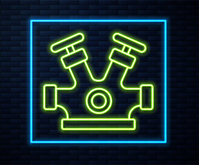 Poster - Glowing neon line Fire hydrant icon isolated on brick wall background. Vector