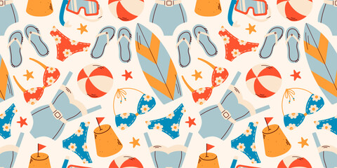 Naklejka na meble Resort summer beach seamless pattern. Travel along the sea coast. Water recreation. Exotic tropics. Swimsuits, flip-flops, starfish, surfboards. Seamless stylish pattern on a summer theme.