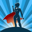 Female Superhero Standing on Blue Burst background