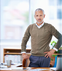 Aufkleber - Senior, businessman and portrait of ceo at desk with confidence, experience and mockup space in office. Entrepreneur, face and boss at workspace with smile for corporate career and company management