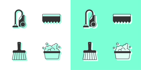 Sticker - Set Basin with soap suds, Vacuum cleaner, Handle broom and Sponge icon. Vector