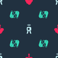 Poster - Set Cloud download, Web camera and Air headphones on seamless pattern. Vector