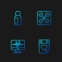 Poster - Set line Doctor appointment, Monitor with cardiogram, Eye drop bottle and Pills blister pack. Gradient color icons. Vector