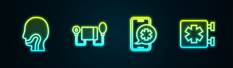 Poster - Set line Sore throat, Blood pressure, Emergency phone call and Medical symbol of the. Glowing neon icon. Vector