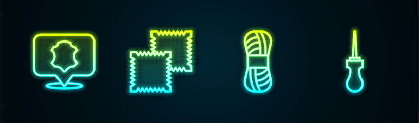 Poster - Set line Leather, Textile fabric roll, Yarn and Awl tool. Glowing neon icon. Vector