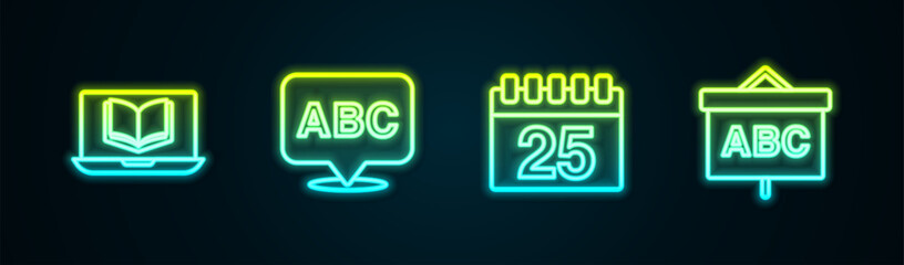 Poster - Set line Online class, Alphabet, Calendar and Chalkboard. Glowing neon icon. Vector