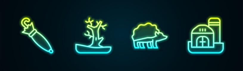 Sticker - Set line Umbrella, Bare tree, Hedgehog and Farm house. Glowing neon icon. Vector