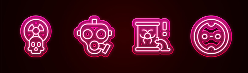 Wall Mural - Set line Radioactive, Gas mask, waste in barrel and Electrical outlet. Glowing neon icon. Vector