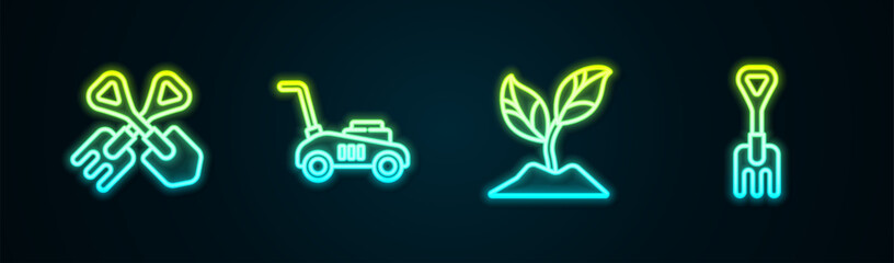 Wall Mural - Set line Shovel and rake, Lawn mower, Plant and Garden. Glowing neon icon. Vector