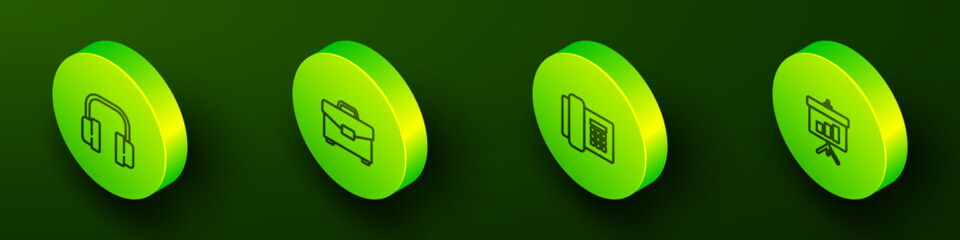 Poster - Set Isometric line Headphones, Briefcase, Telephone and Chalkboard with diagram icon. Vector