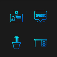 Wall Mural - Set line Office desk, Cactus and succulent in pot, Identification badge and Location with text work. Gradient color icons. Vector