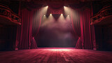 Fototapeta Perspektywa 3d - Theater stage light background with spotlight illuminated the stage for opera performance. Empty stage with red curtain, fog, smoke, backdrop decoration. Entertainment show.