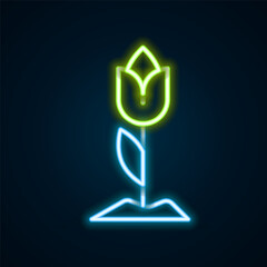 Sticker - Glowing neon line Flower tulip icon isolated on black background. Colorful outline concept. Vector