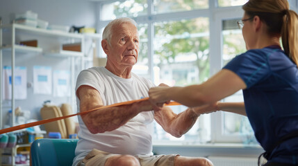 Wall Mural - Elderly Man Performing Resistance Band Exercises with Physical Therapist in Rehab Facility