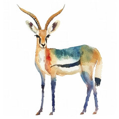 Poster - Hand-painted watercolor illustration of an elegant gazelle with vibrant, multicolored brush strokes, isolated on a white background with ample space for text