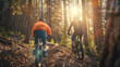 Two Mountain Bikers Riding on a Forest Trail at Sunset