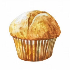 Wall Mural - Watercolor illustration of a single golden-brown muffin on a white background with ample space for text, ideal for bakery menus and culinary websites