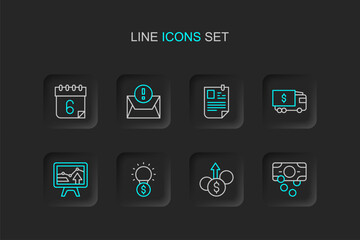 Poster - Set line Stacks paper money cash, Financial growth dollar, Light bulb with, Monitor graph chart, Armored truck, Resume, Envelope and Calendar icon. Vector