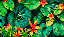 A Vivid Tropical Design With A Dense Array Of Green Monstera And Palm Leaves Accented By Bright Orange Bird Of Paradise Flowers.